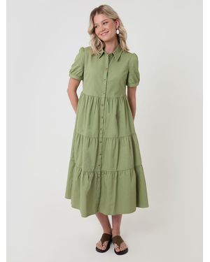 Threadbare Denim Puff Sleeve Shirt Dress - Green