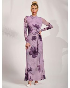 Jolie Moi High Neck Long Sleeve Mesh Maxi Dress - Pink