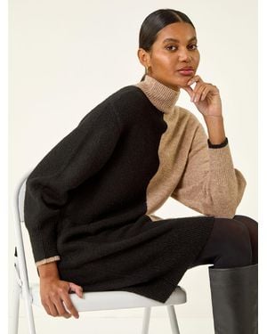Roman Contrast Color Knit Dress - Black