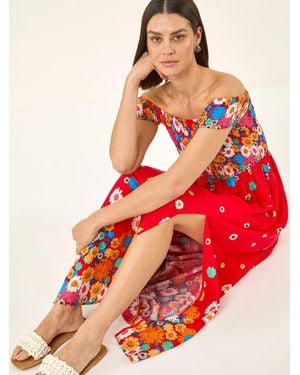 Roman Floral Print Bardot Shirred Midi Dress