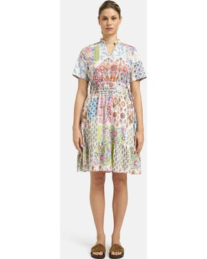 Smith & Soul Boho Patchwork Print Midi Dress With Short Sleeves And Ruffle Hem - White