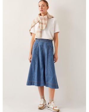 Monsoon Harper Seamed Denim 100% Cotton Midi Skirt - Blue