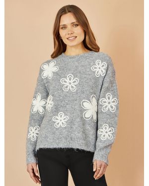 Yumi' Relaxed Sweater With Crochet Flowers - Gray