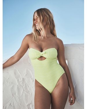 Next Lime Gingham Crinkle Bandeau Tie Front Swimsuit - Green