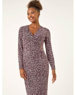 Roman Leaf Print Chain Detail Midi Dress - Purple