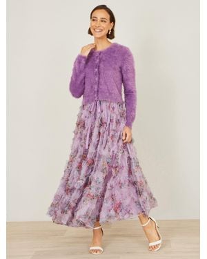 Yumi' Floral Ruffle Mesh Midi Skirt - Purple