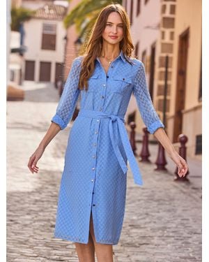 Sosandar Textured Belted Shirt Dress - Blue