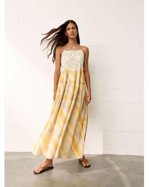 BHOEM Tie Dye Print Crochet Bodice Maxi Tiered Dress - Natural