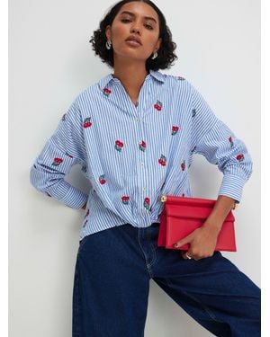 River Island Long Sleeve Stripe Cherry Embroidered Knot Front Shirt - Blue