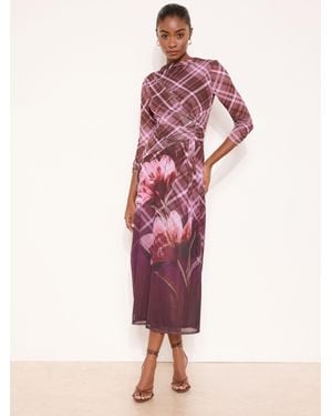 Lipsy Floral Check Mesh Knot Side Midi Dress - Red
