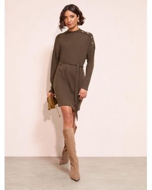 Friends Like These Long Sleeve Button Shoulder Tie Belt Cozy Mini Dress - Natural