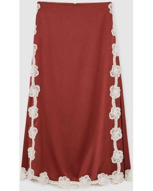 Reiss Satin Floral-Lace Trim Midi Skirt - Red