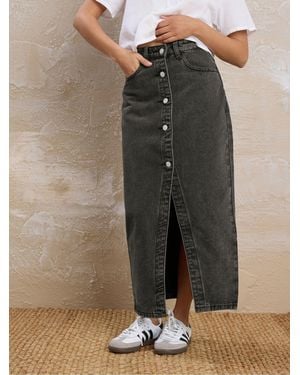 PixieGirl Petite Denim Button Midi Skirt - Black