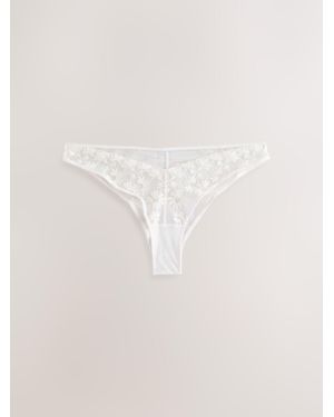 Self Brazilian Floral Print Lace Knickers - Natural