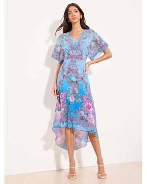 Lipsy V-Neck Floral Fit And Flare High Low Midi Dress - Blue
