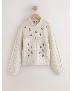 Next Ecru Cable Knit Floral Embroidered Frill Neck Sweater - Natural