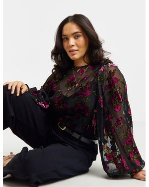 Simply Be Floral Devore Exaggerated Sleeve Blouse - Black