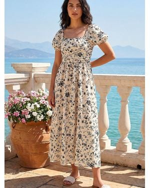 Roman Floral Puff Sleeve Midi Dress - Blue
