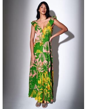 South Beach Metallic Stripe Palm Printed Button Front Tiered Maxi Dress - Green
