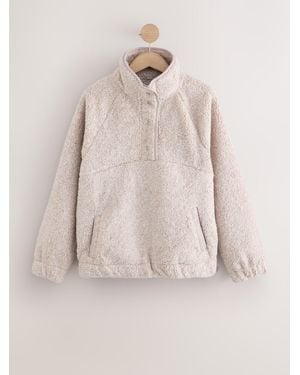 Self Oatmeal Borg Popper Neck Sweater - Natural