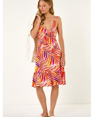 Roman Abstract Print V-Neck Frill Dress - Red