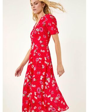 Roman Floral Ruched Sleeve Dress - Red