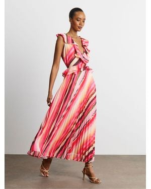 Joanna Hope Multi Stripe Ruffle Detail Seam Dress - Red