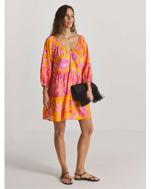 Figleaves Floral V-Neck Tiered Long Sleeve Mini Beach Dress - Orange