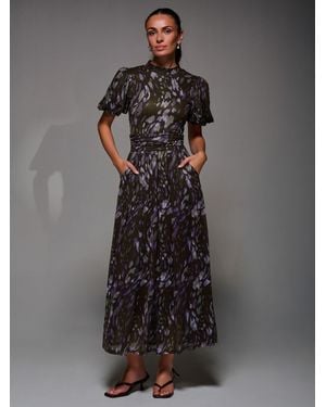 Jolie Moi Puffy Sleeve Printed Mesh Maxi Dress - Gray