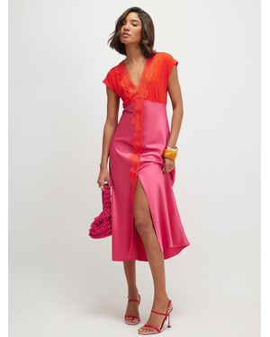 River Island Short Sleeve V-Neck Lace Satin Midi Dress - Red