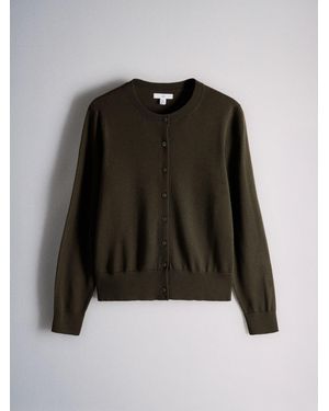 The Set Crew Neck Long Sleeve Merino Cardigan Khaki - Black