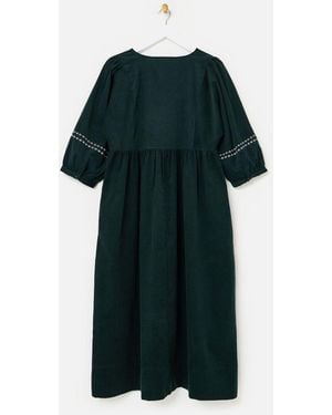 Oliver Bonas Corduroy Embroidered Sleeve V-Neck Midi Dress - Green
