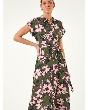 Roman Floral Print Belted Midi Dress - White