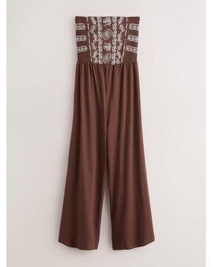 Next Chocolate Embroidered Bandeau Wide Leg Jersey Jumpsuit - Brown
