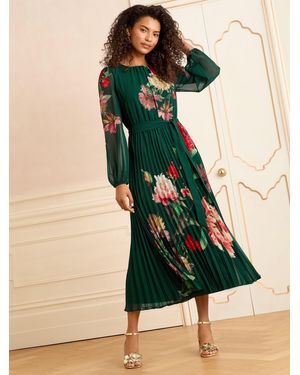 Love & Roses Printed Crew Neck Pleated Long Sleeve Midi Dress - Green