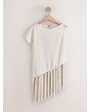 Next Ecru Sleeveless Asymmetric Fringe Tassel Top - Natural