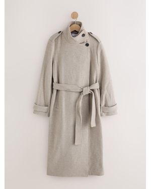 Next Neutral Double Breasted Formal Funnel Neck Coat With Wool - Natural