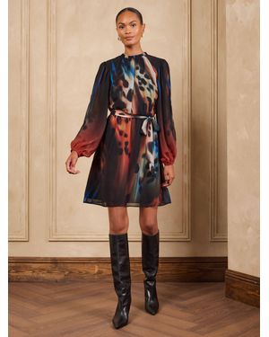 Love & Roses Blurred Printed Belted Mini Dress - Brown
