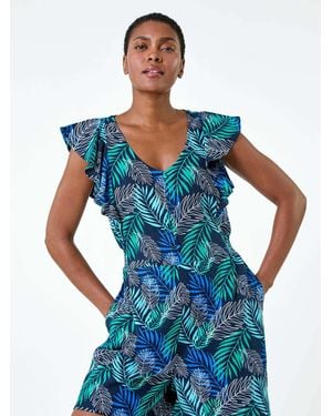 Roman Tropical Leaf Print Linen Blend Playsuit - Blue