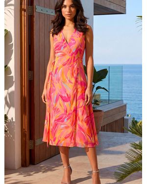 Roman Floral Print Wrap Chiffon Midi Dress - Red