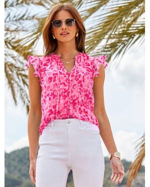 Sosandar Flutter Sleeve Tie Neck Top - Red