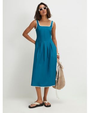 River Island Sleeveless Whipstitch Pleated Poplin Midi Dress - Blue