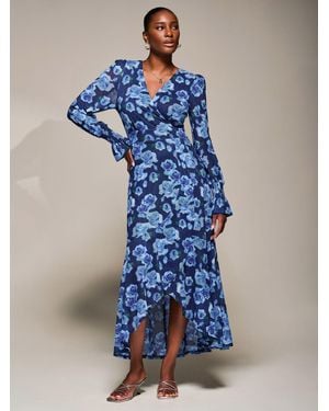Jolie Moi Ruffle Cuffed Sleeve Frill Mesh Maxi Dress - Blue