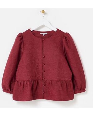 Oliver Bonas Floral Jacquard Peplum Puff Sleeve Top - Red