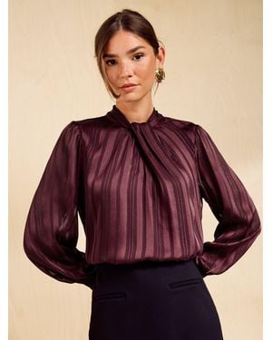 Friends Like These Burgundy Satin Twist Neck Long Sleeve Blouse - Purple