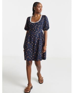 Simply Be Waist Detail Skater Dress With Ribbon Trim - Blue