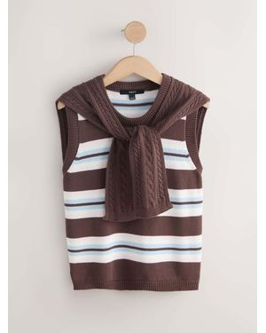Next Chocolate Stripe Cotton Scarf Layer Sleeveless Sweater - Brown