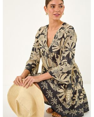 Roman Floral V-Neck Swing Dress - Natural