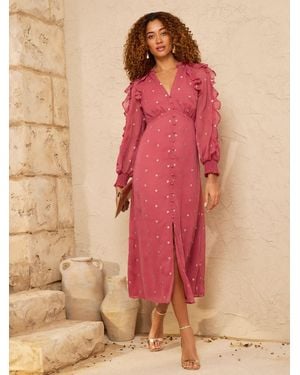 Love & Roses Embroidered Ruffle Midi Dress - Pink