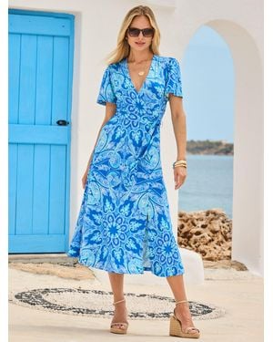 Sosandar Paisley Print Flutter Sleeve Tie Waist Wrap Dress - Blue